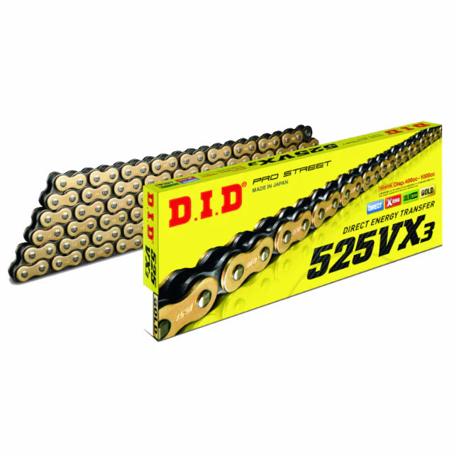 Corrente 525 VX3 108 X-Ring G&B com engate de rebite DID - Dourado